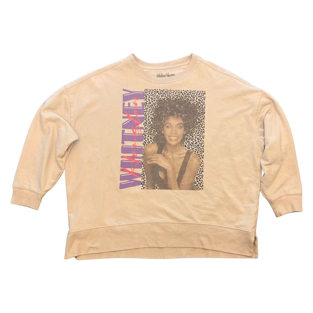 Whitney Houston Womens XXL Tan Leopard Graphic Oversized Crewneck Sweatshirt